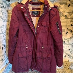 YMI Women's Maroon Utility Jacket with Faux Fur Hood